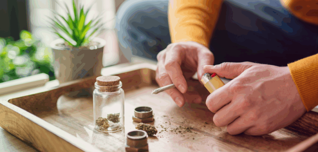 A close-up overhead view of two hands holding a joint and yellow lighter.