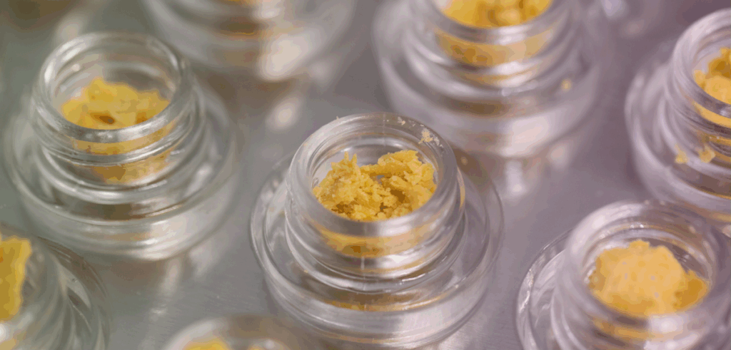 A table-top view of several jars of cannabis concentrates.