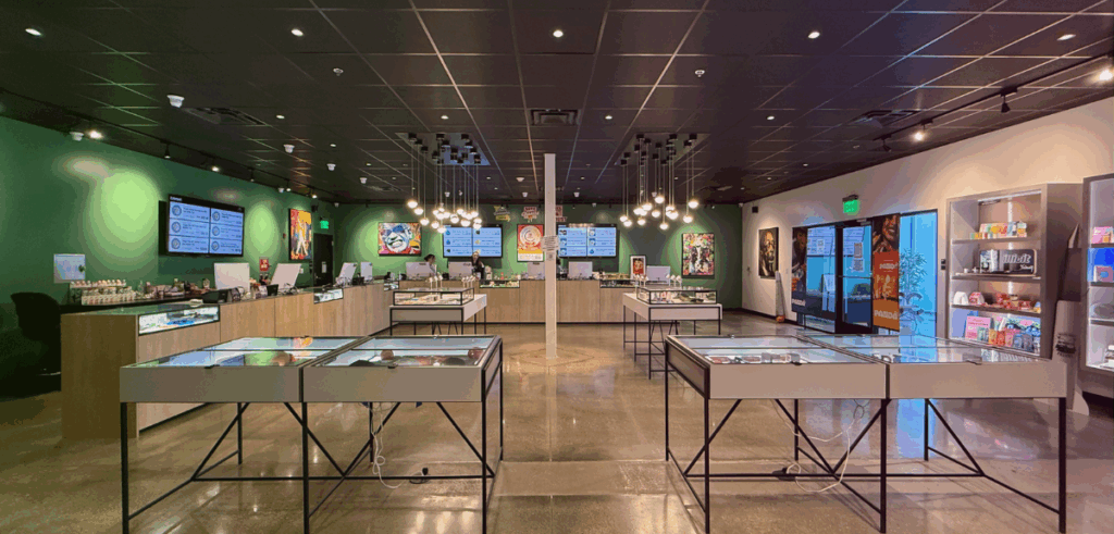 A wide-angle view of the moment someone walks into Stairway Cannabis Branson for their very first dispensary visit.