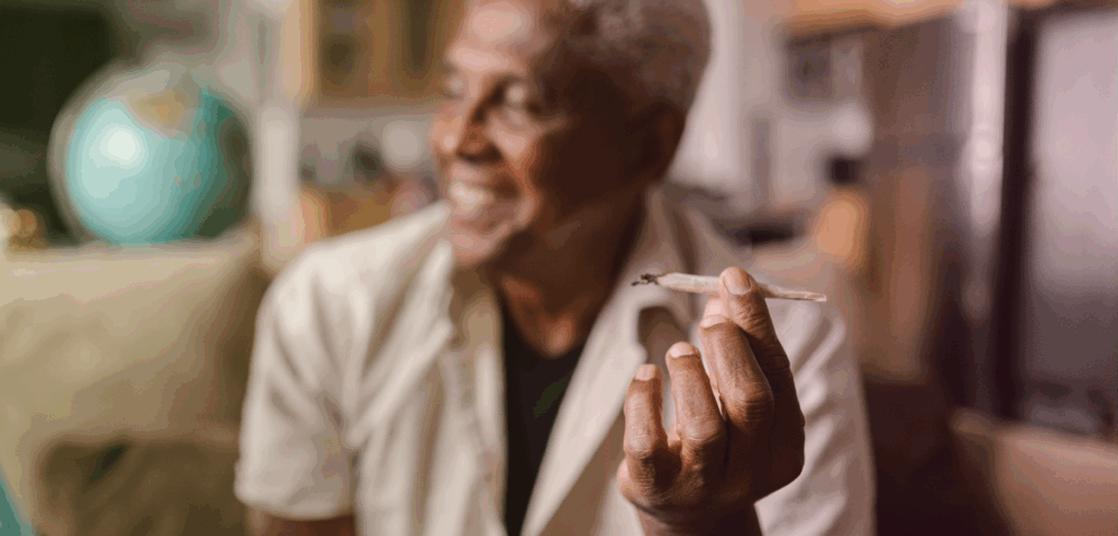 A black man smiles as he holds a joint in his left hand.