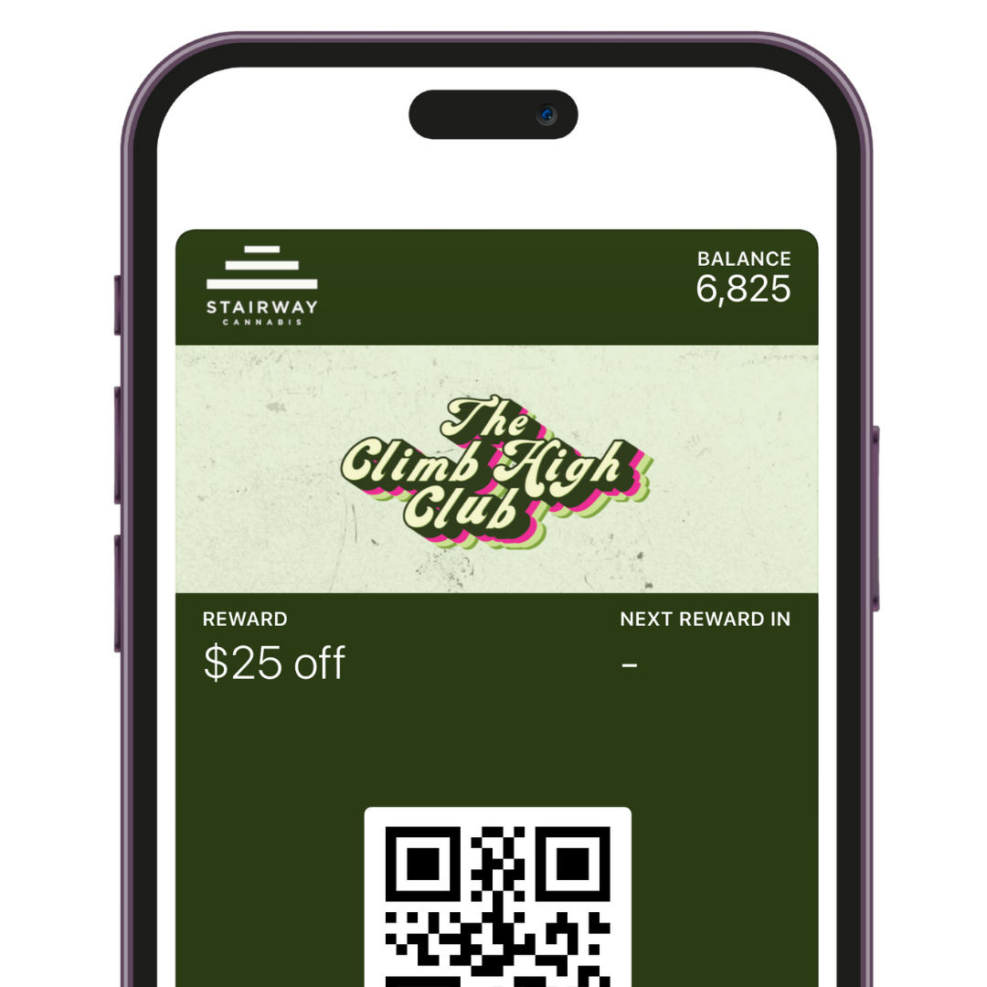 Mockup of a cellphone showing a browser open on the Stairway Cannabis Loyalty page, displaying balance of points and rewards