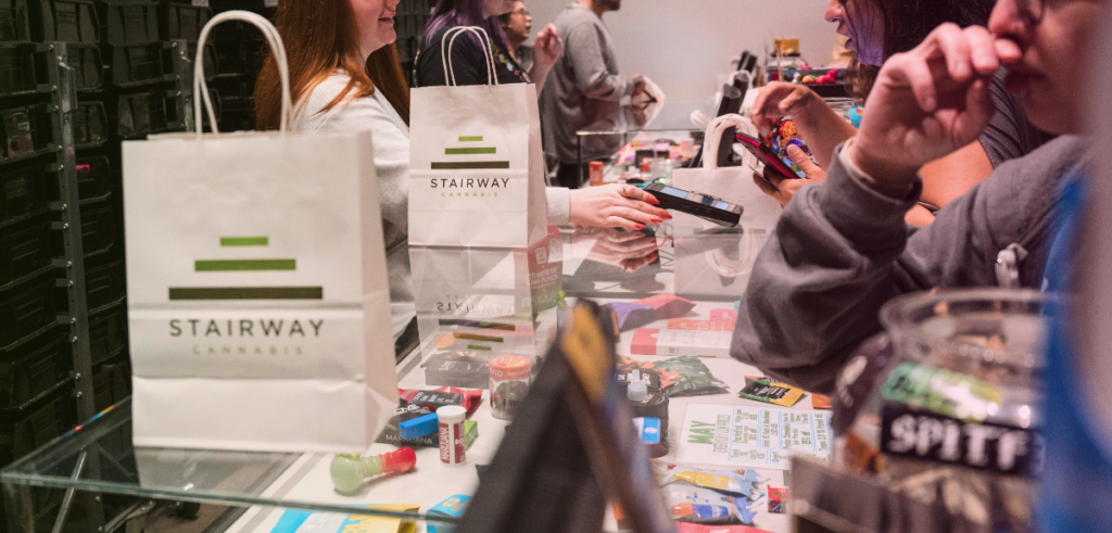 Customers purchase their marijuana at the sales counter from budtenders at Stairway Cannabis. 