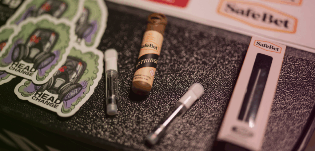 Overhead view of Stairway Cannabis products on the sales counter.